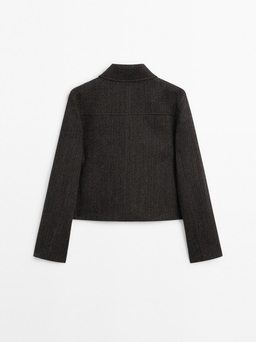 Massimo Dutti Cropped With Herringbone Detail Women Jacket Dark Brown | US-SC6519342
