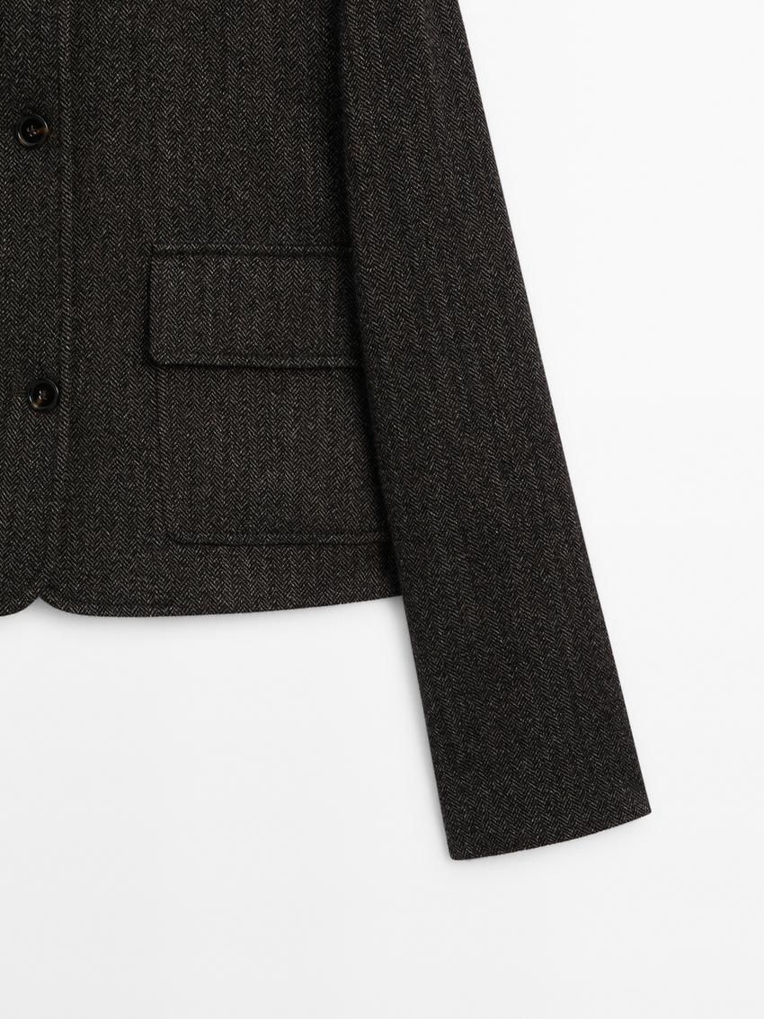 Massimo Dutti Cropped With Herringbone Detail Women Jacket Dark Brown | US-SC6519342