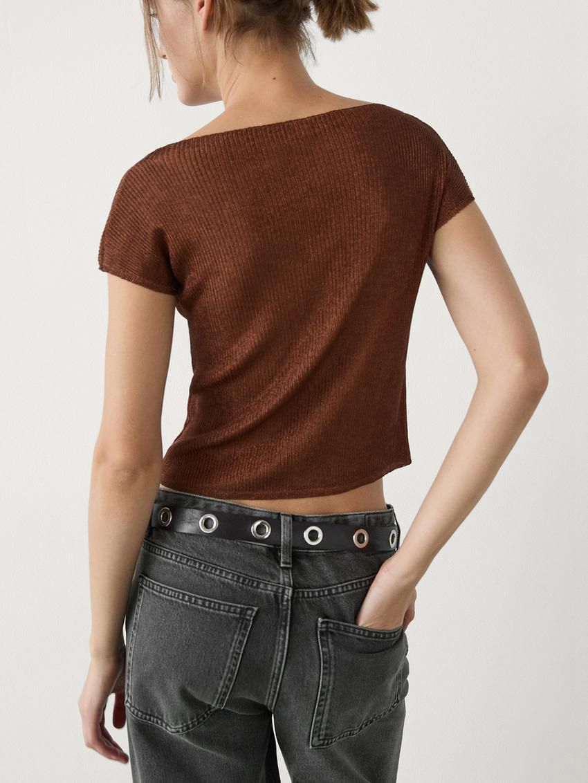 Massimo Dutti Cropped With Metallic Finish Women T-Shirt Dark Brown | US-GO9265830