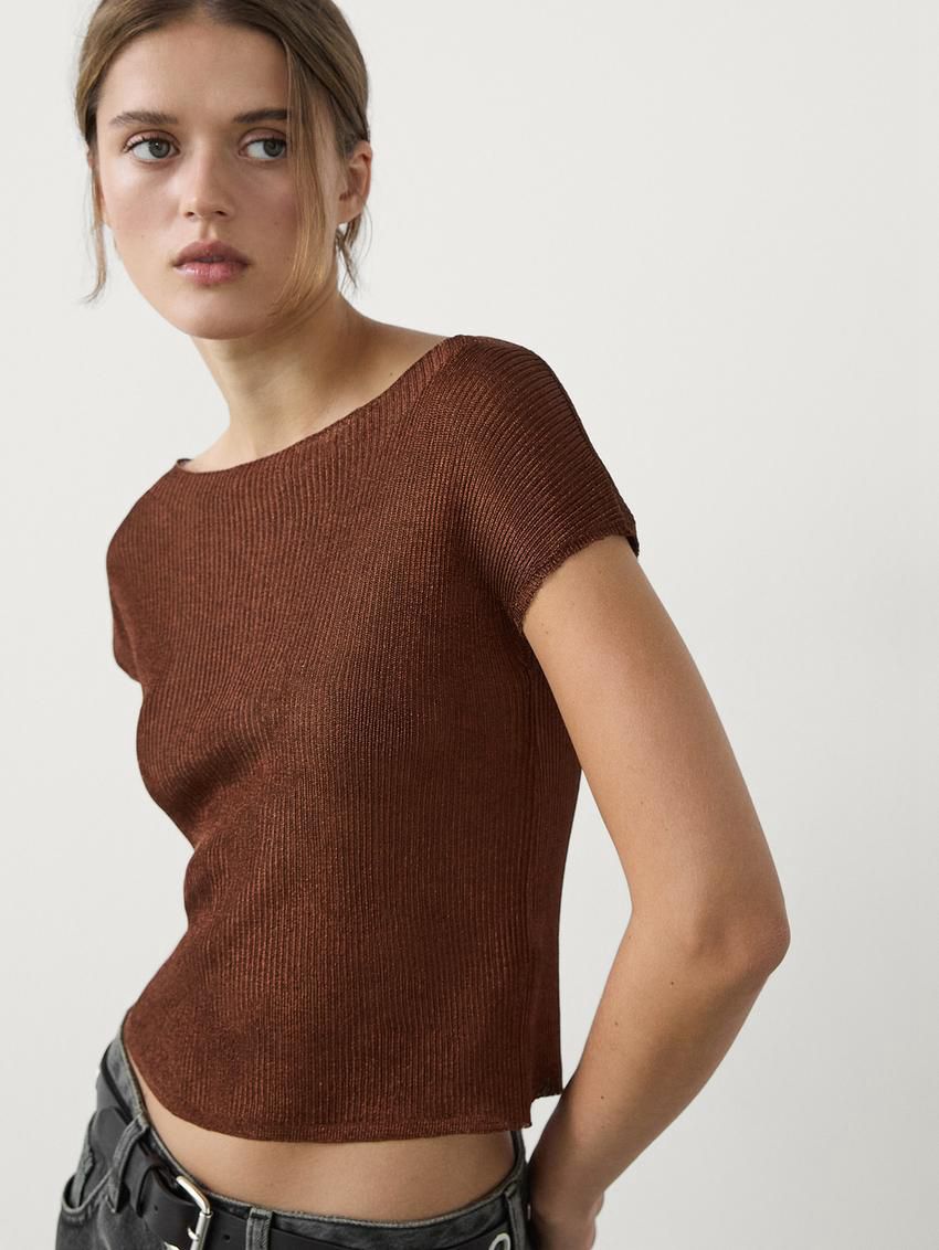 Massimo Dutti Cropped With Metallic Finish Women T-Shirt Dark Brown | US-GO9265830