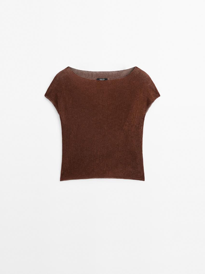 Massimo Dutti Cropped With Metallic Finish Women T-Shirt Dark Brown | US-GO9265830