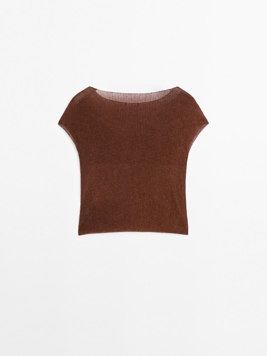 Massimo Dutti Cropped With Metallic Finish Women T-Shirt Dark Brown | US-GO9265830