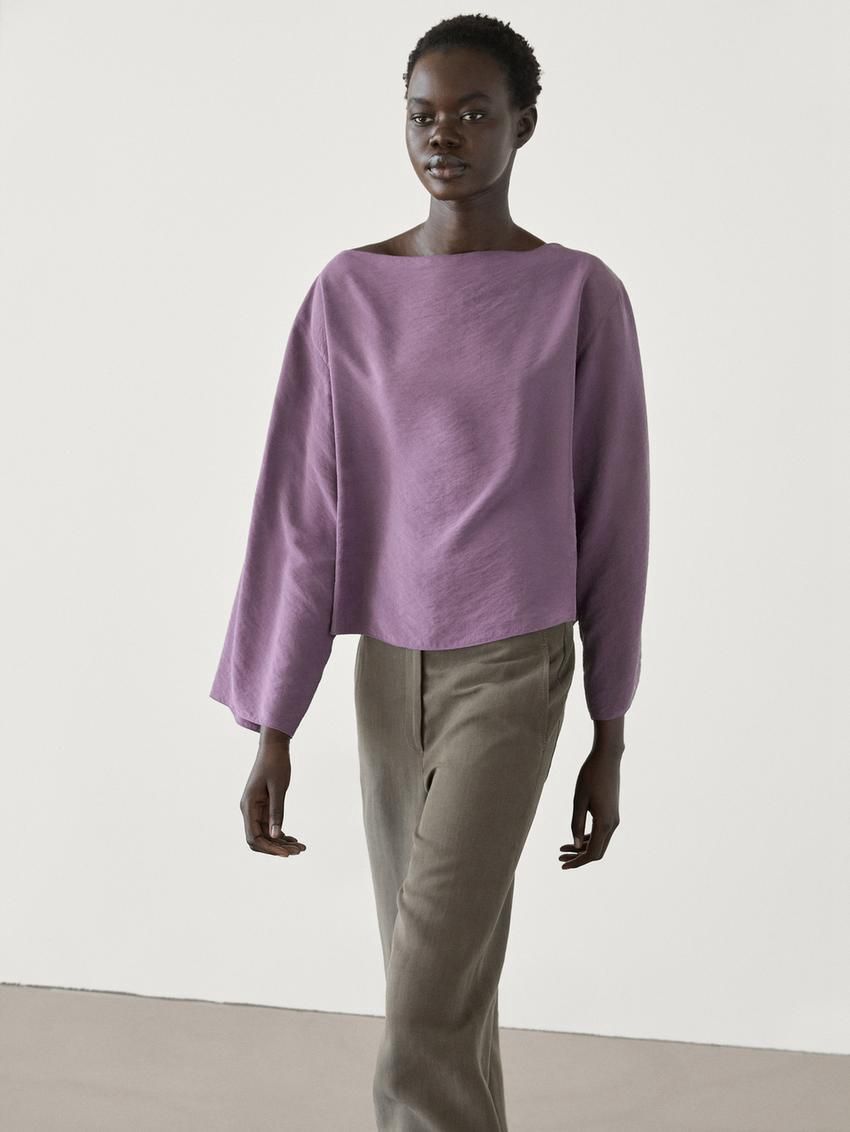 Massimo Dutti Cropped With Textured Detail Women Blouse Purple | US-IG6514803
