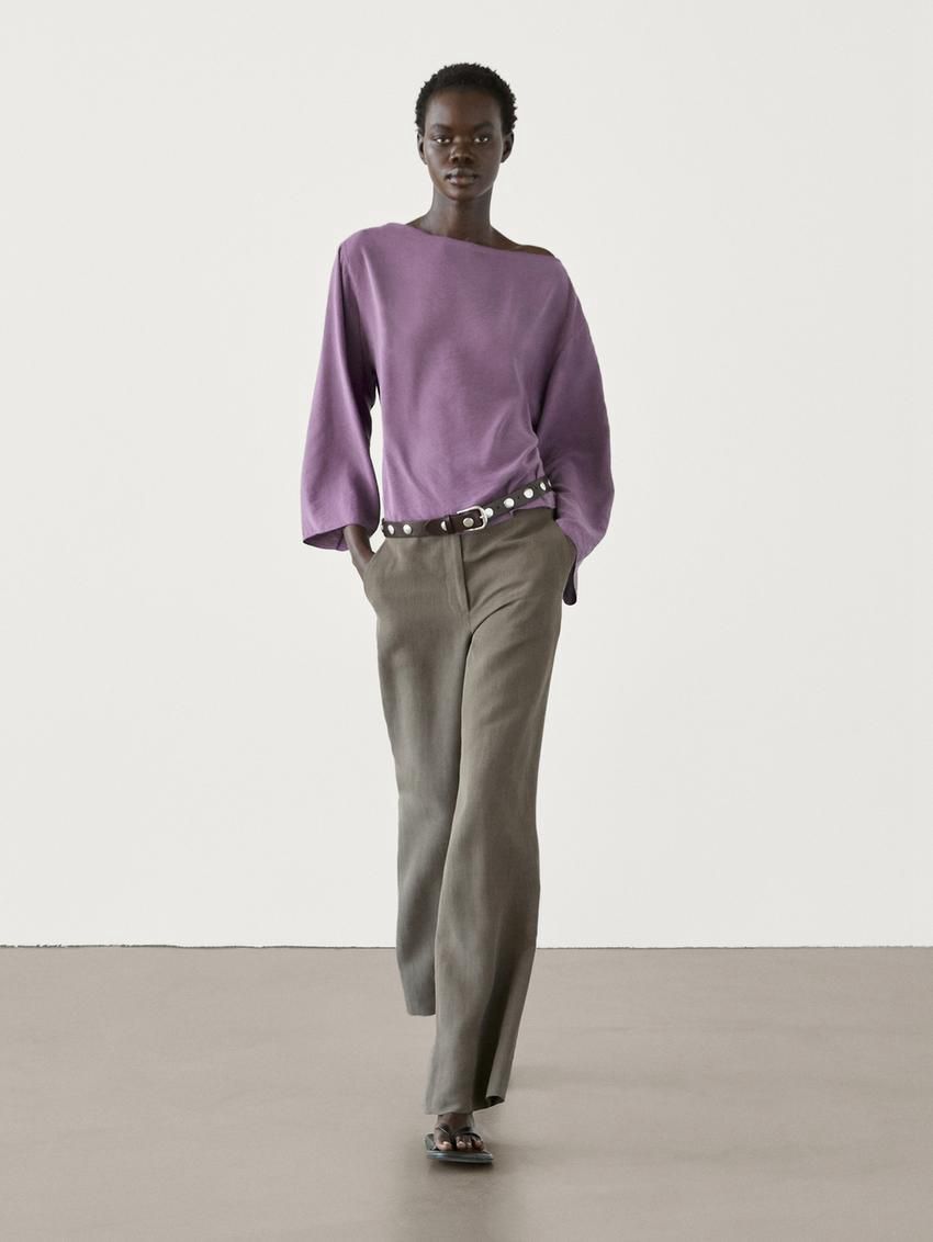 Massimo Dutti Cropped With Textured Detail Women Blouse Purple | US-IG6514803