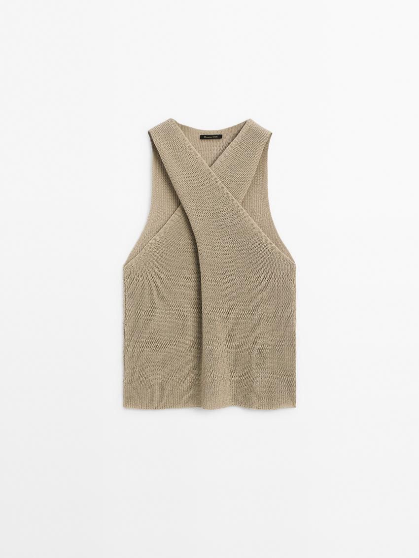 Massimo Dutti Crossover Halter Women Top Brown Beige | US-NW8461732