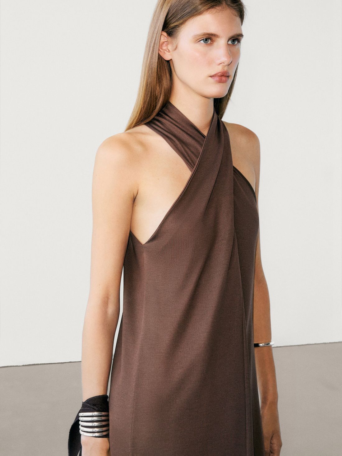 Massimo Dutti Crossover Halterneck Midi Women Dress Dark Brown | US-SO1976438