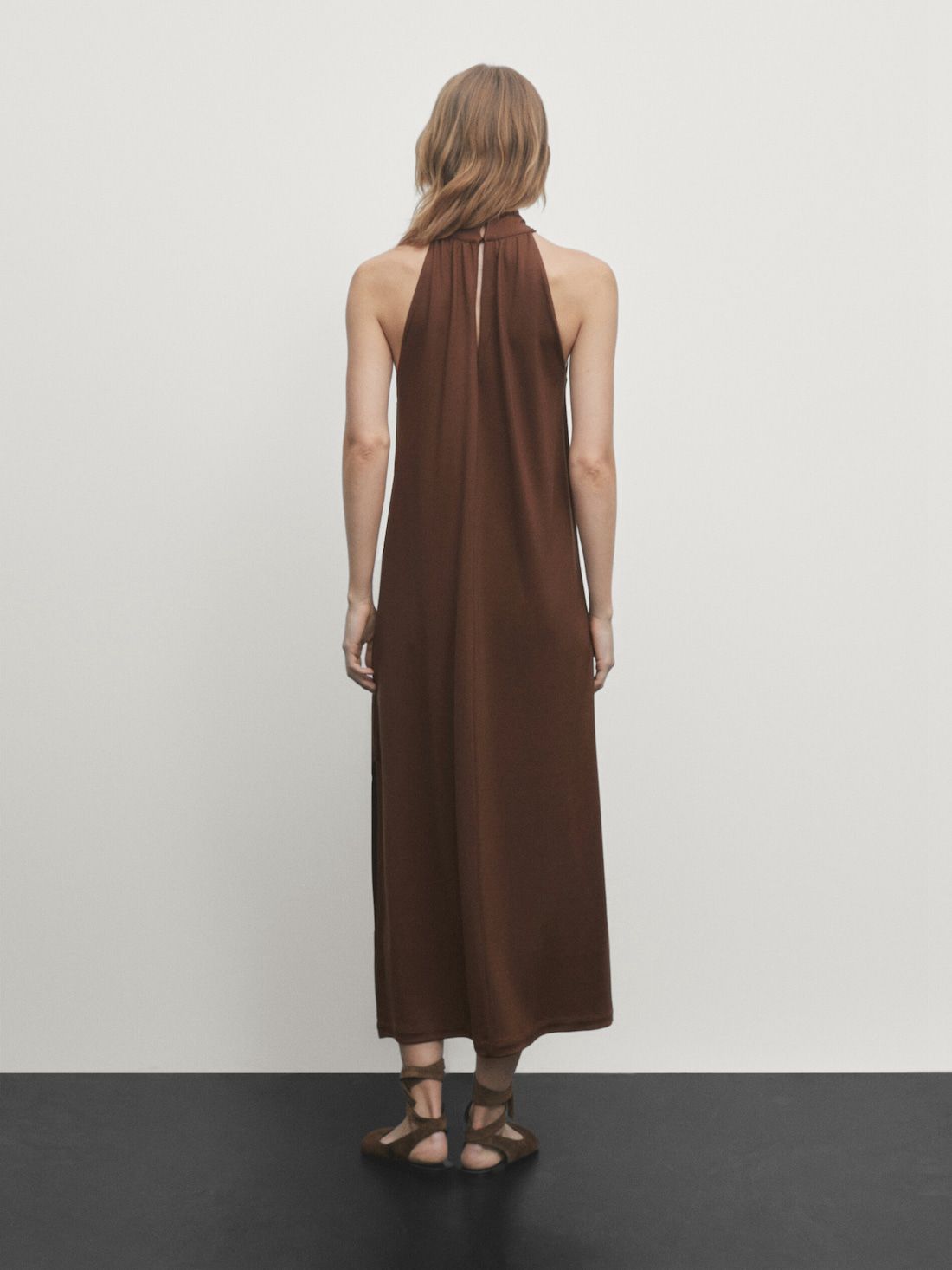 Massimo Dutti Crossover Halterneck Midi Women Dress Dark Brown | US-SO1976438