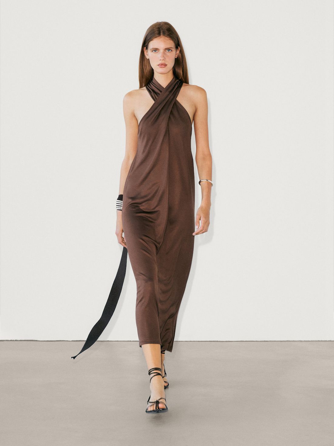 Massimo Dutti Crossover Halterneck Midi Women Dress Dark Brown | US-SO1976438