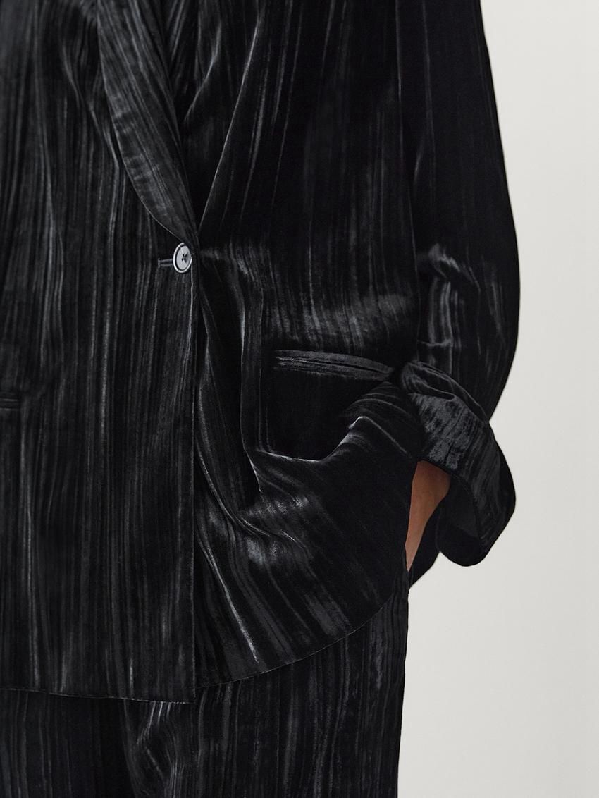 Massimo Dutti Crushed Velvet Women Blazer Black | US-DC7345926