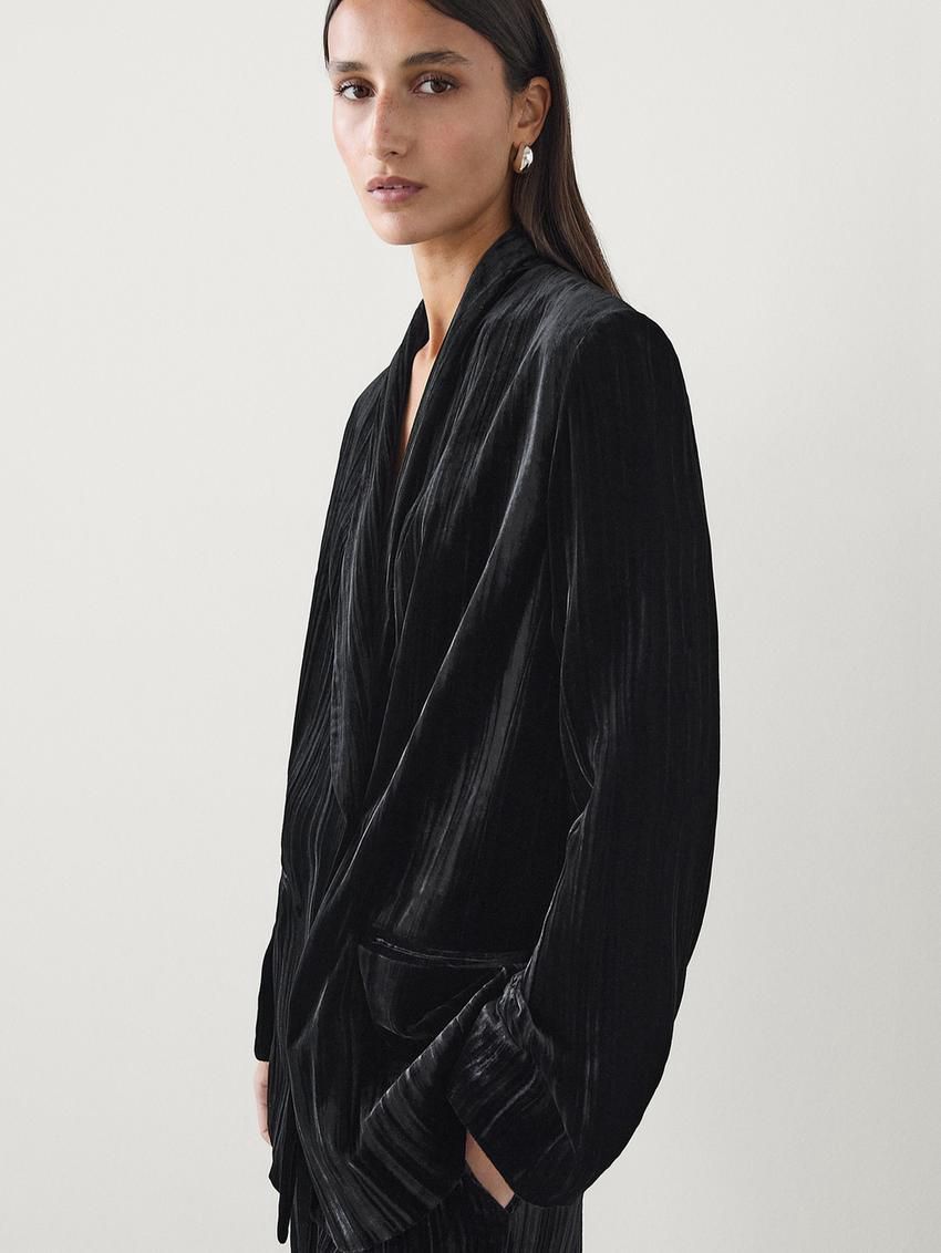 Massimo Dutti Crushed Velvet Women Blazer Black | US-DC7345926