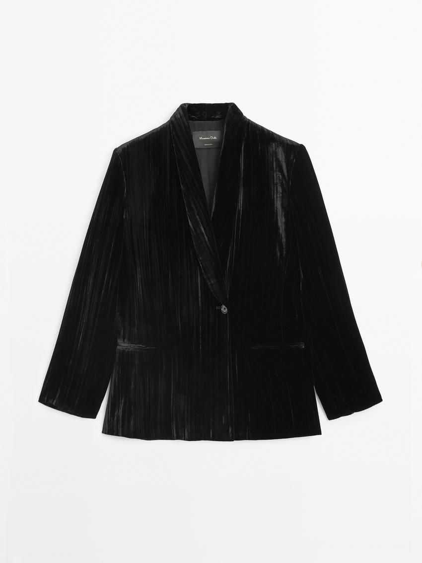 Massimo Dutti Crushed Velvet Women Blazer Black | US-DC7345926