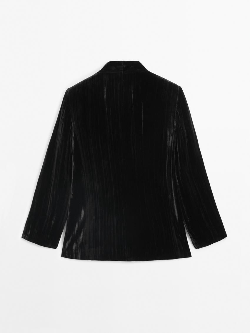 Massimo Dutti Crushed Velvet Women Blazer Black | US-DC7345926