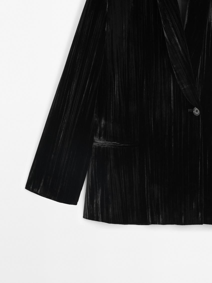 Massimo Dutti Crushed Velvet Women Blazer Black | US-DC7345926