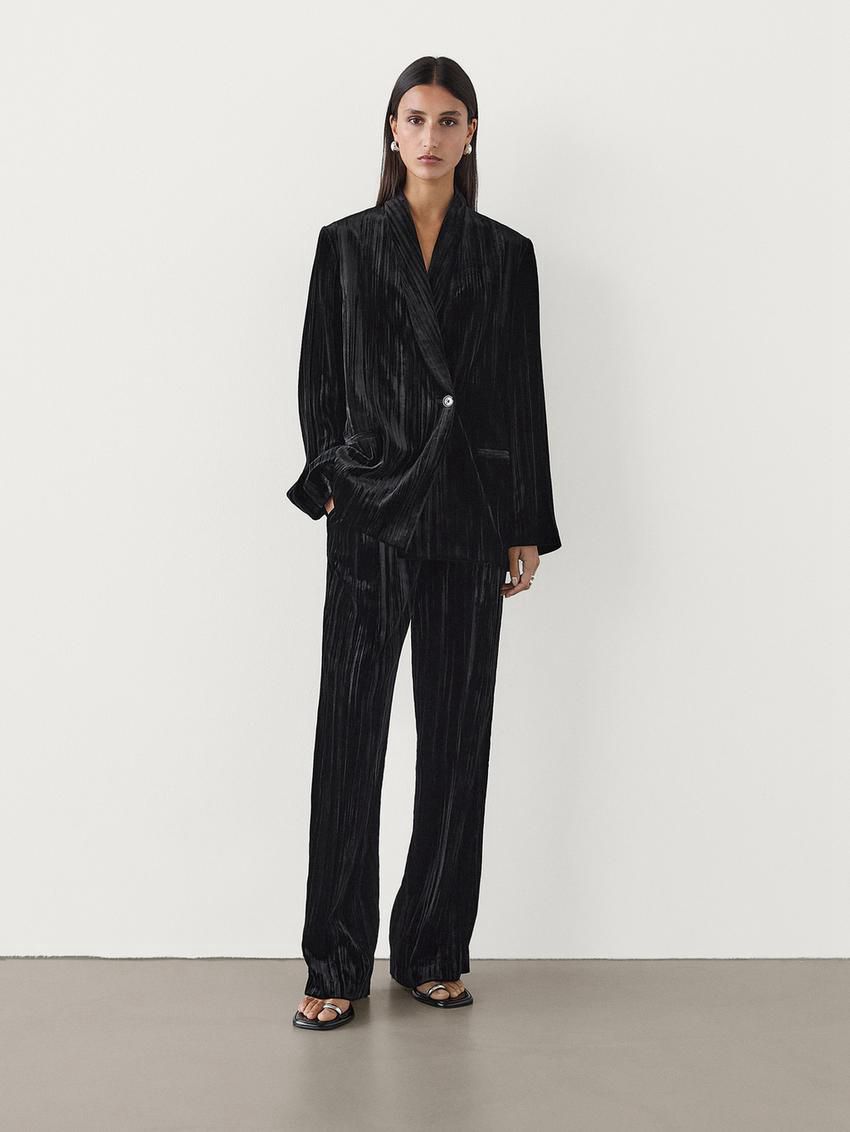 Massimo Dutti Crushed Velvet Women Blazer Black | US-DC7345926