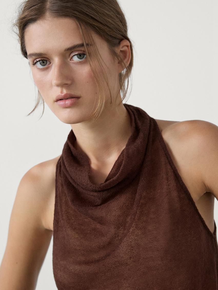 Massimo Dutti Cutwork Halter Women Top Brown | US-NQ2905431
