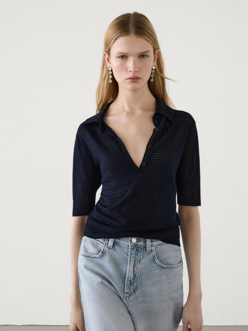 Massimo Dutti Cutwork With Polo Collar Women Sweater Navy | US-WL1842593