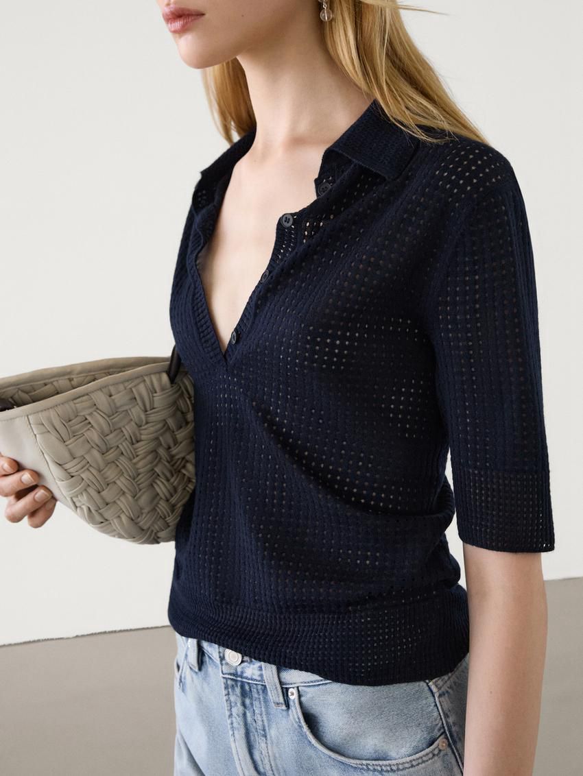 Massimo Dutti Cutwork With Polo Collar Women Sweater Navy | US-WL1842593