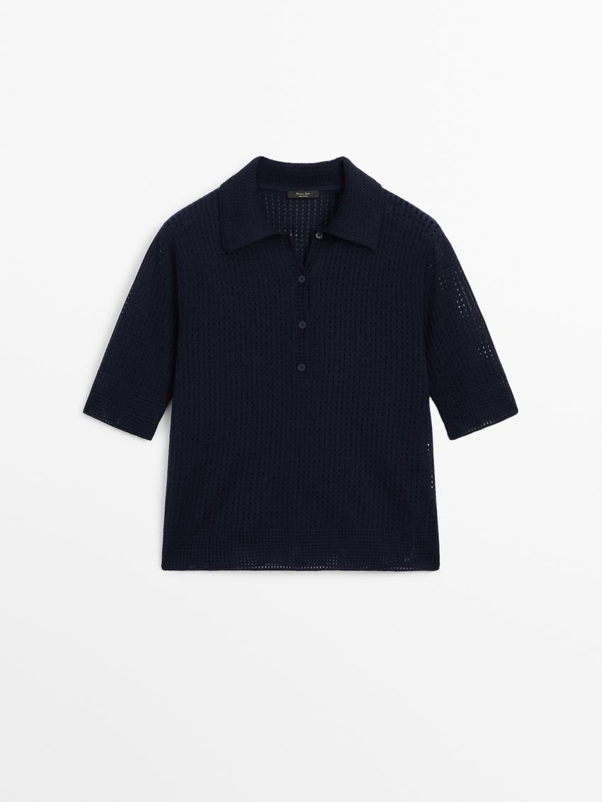 Massimo Dutti Cutwork With Polo Collar Women Sweater Navy | US-WL1842593