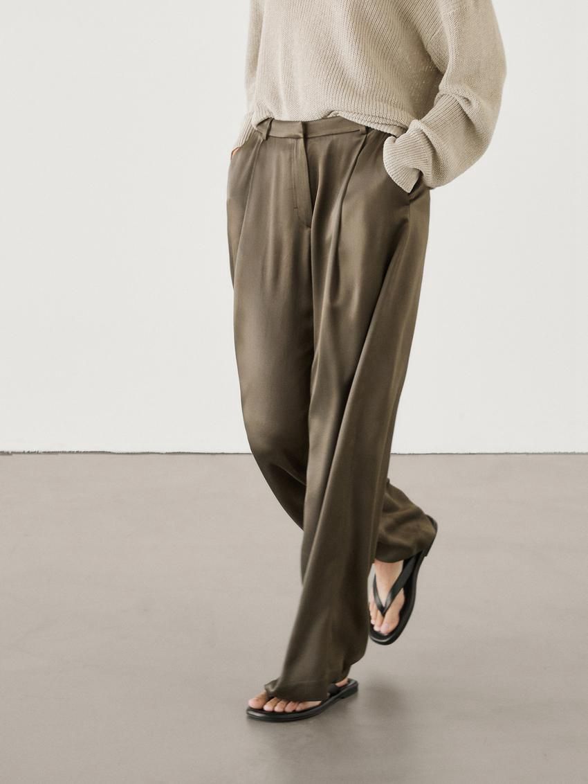 Massimo Dutti Darted Satin Wide-leg Women Trousers Olive | US-MR8643195