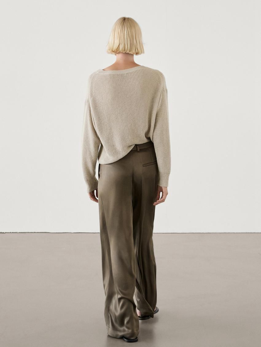 Massimo Dutti Darted Satin Wide-leg Women Trousers Olive | US-MR8643195