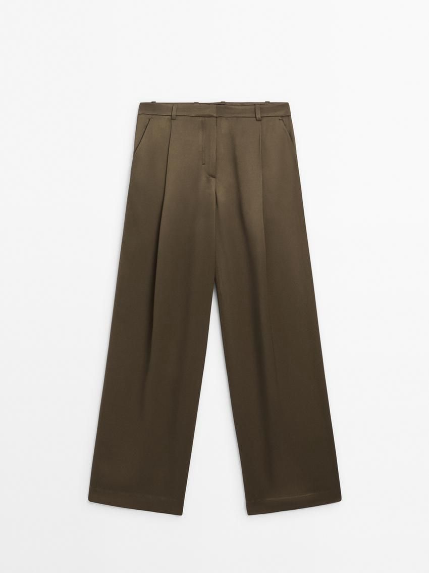 Massimo Dutti Darted Satin Wide-leg Women Trousers Olive | US-MR8643195