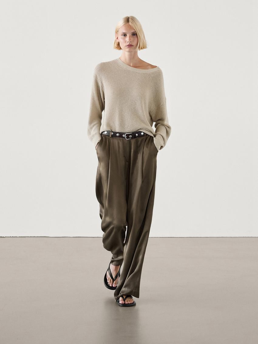Massimo Dutti Darted Satin Wide-leg Women Trousers Olive | US-MR8643195