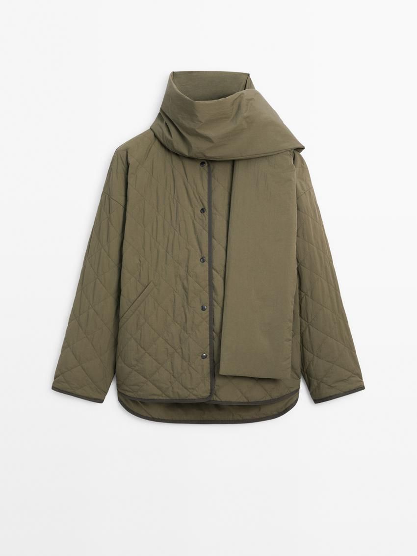 Massimo Dutti Diamond With Scarf Women Quilted Jacket Khaki | US-NE4875301