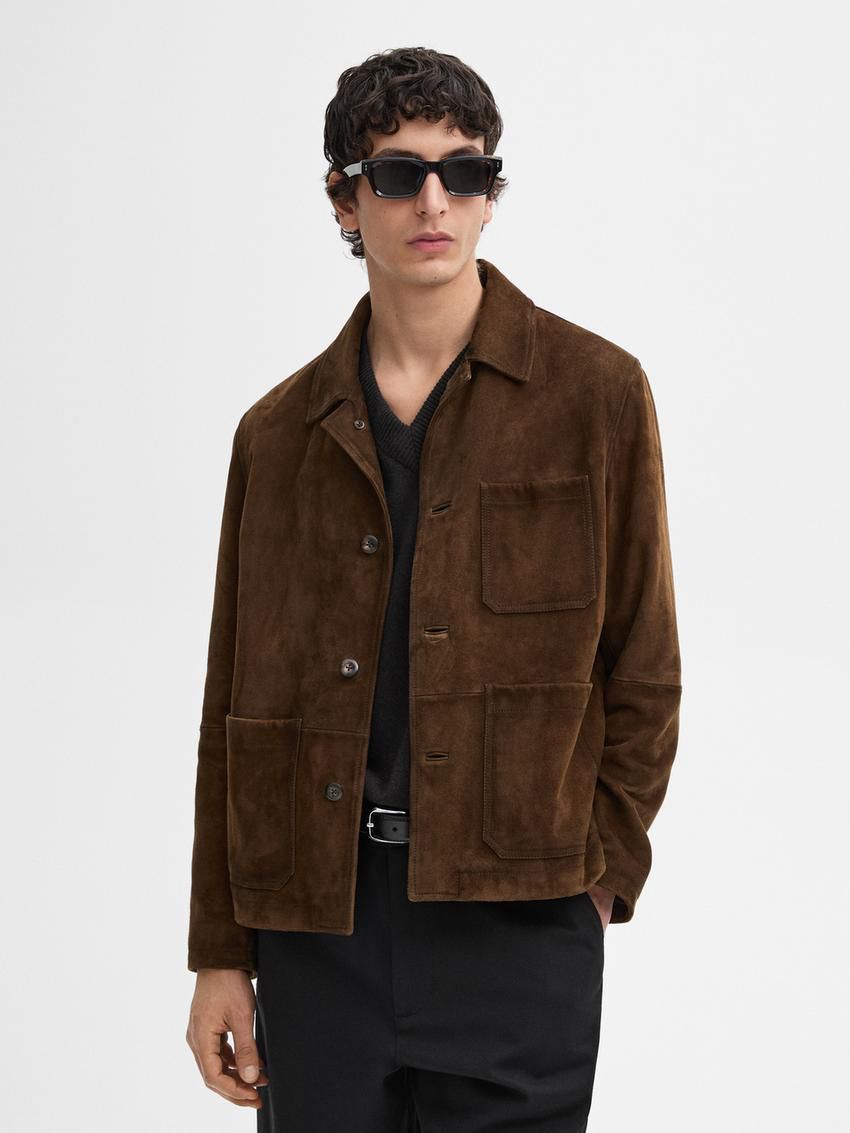Massimo Dutti Distressed Effect Suede Overshirt Men Leather Jacket Dark Brown | US-RD3950741
