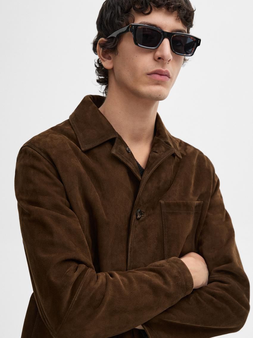 Massimo Dutti Distressed Effect Suede Overshirt Men Leather Jacket Dark Brown | US-RD3950741