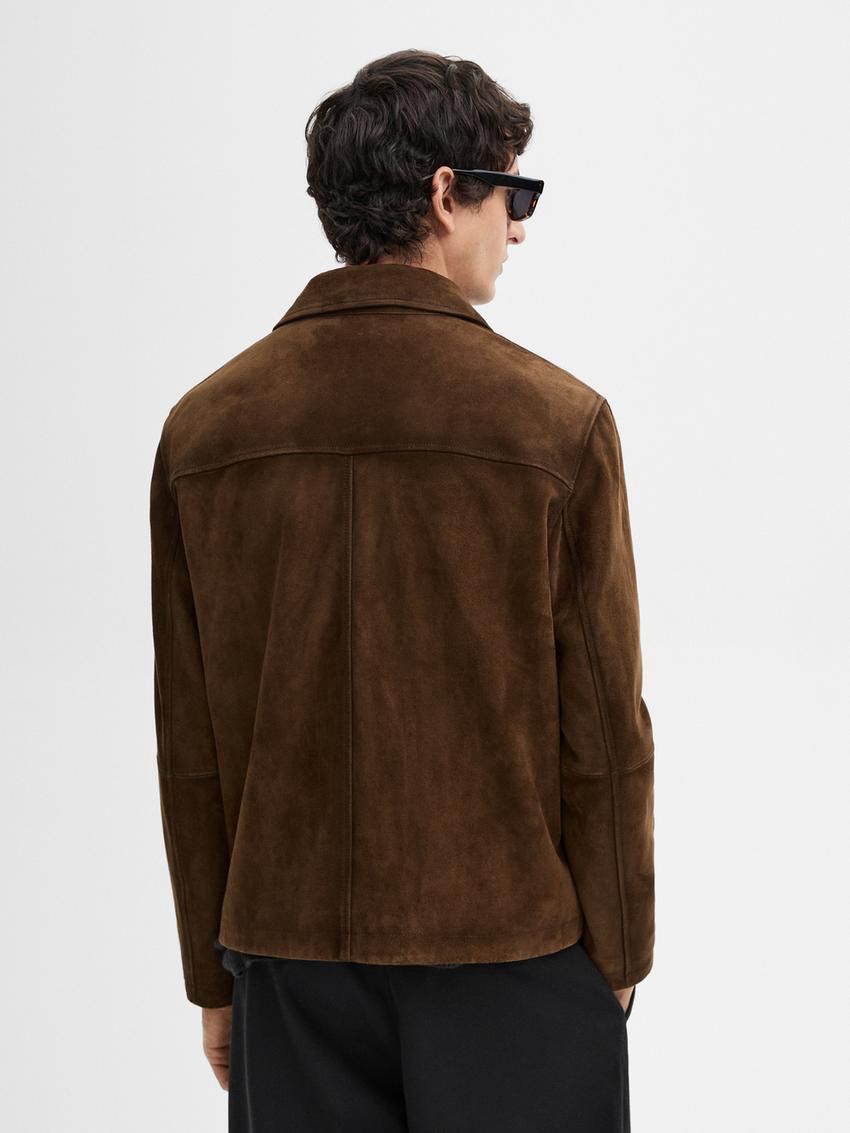 Massimo Dutti Distressed Effect Suede Overshirt Men Leather Jacket Dark Brown | US-RD3950741