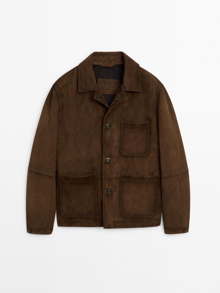 Massimo Dutti Distressed Effect Suede Overshirt Men Leather Jacket Dark Brown | US-RD3950741