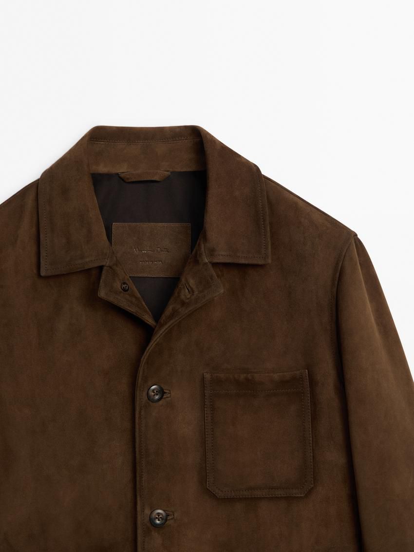 Massimo Dutti Distressed Effect Suede Overshirt Men Leather Jacket Dark Brown | US-RD3950741
