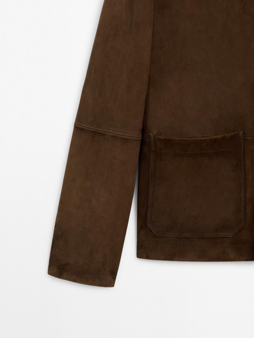 Massimo Dutti Distressed Effect Suede Overshirt Men Leather Jacket Dark Brown | US-RD3950741