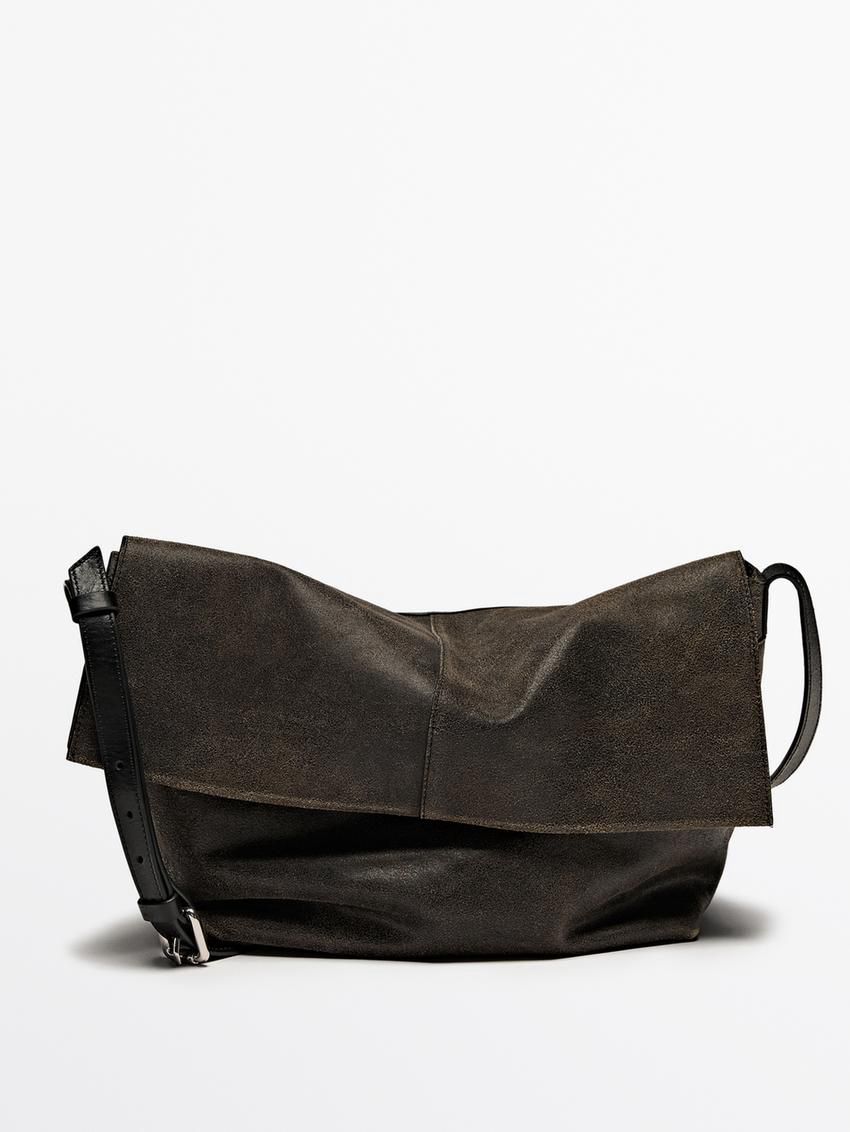Massimo Dutti Distressed Nappa Leather Flap Women Crossbody Bag Dark Brown | US-JS0428357
