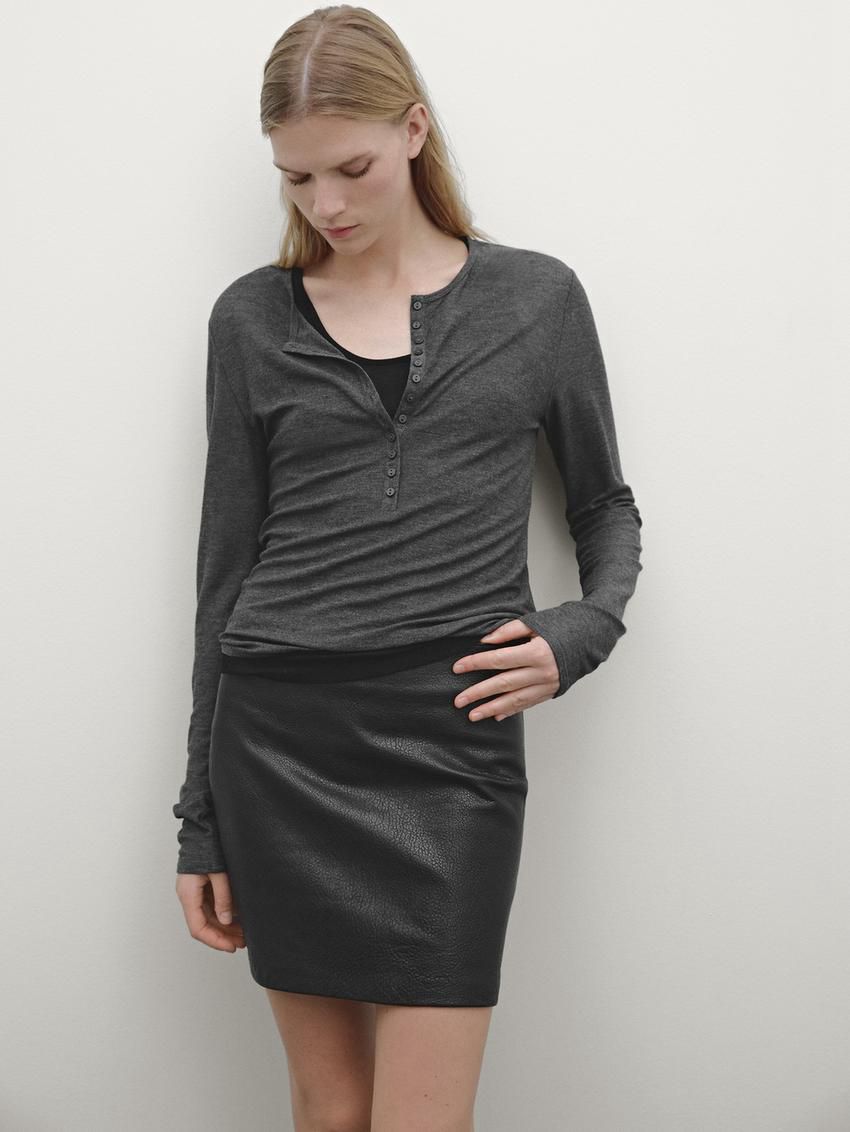 Massimo Dutti Double Buttoned Detail Women T-Shirt Dark Grey | US-MO3048597
