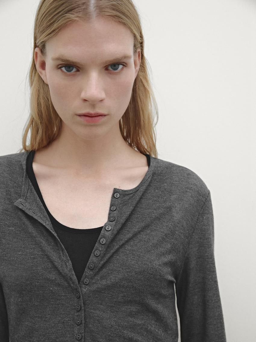 Massimo Dutti Double Buttoned Detail Women T-Shirt Dark Grey | US-MO3048597