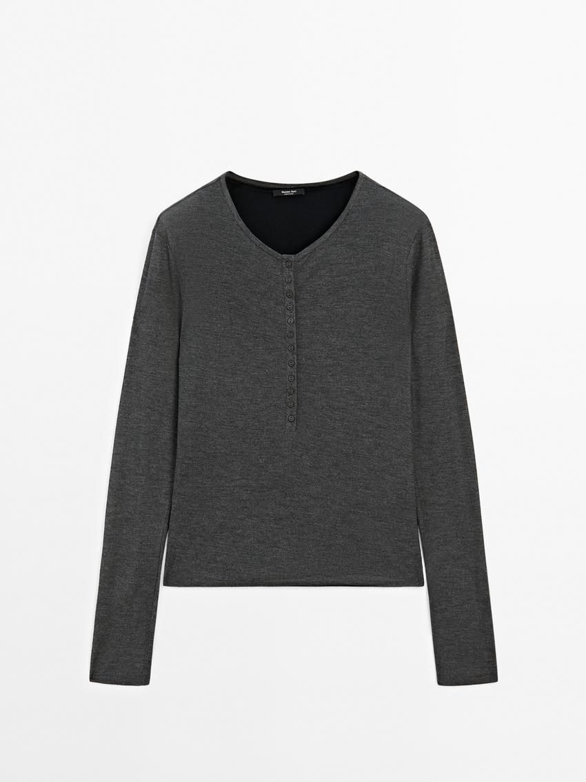 Massimo Dutti Double Buttoned Detail Women T-Shirt Dark Grey | US-MO3048597