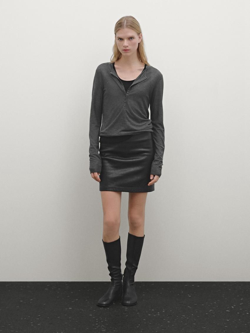 Massimo Dutti Double Buttoned Detail Women T-Shirt Dark Grey | US-MO3048597