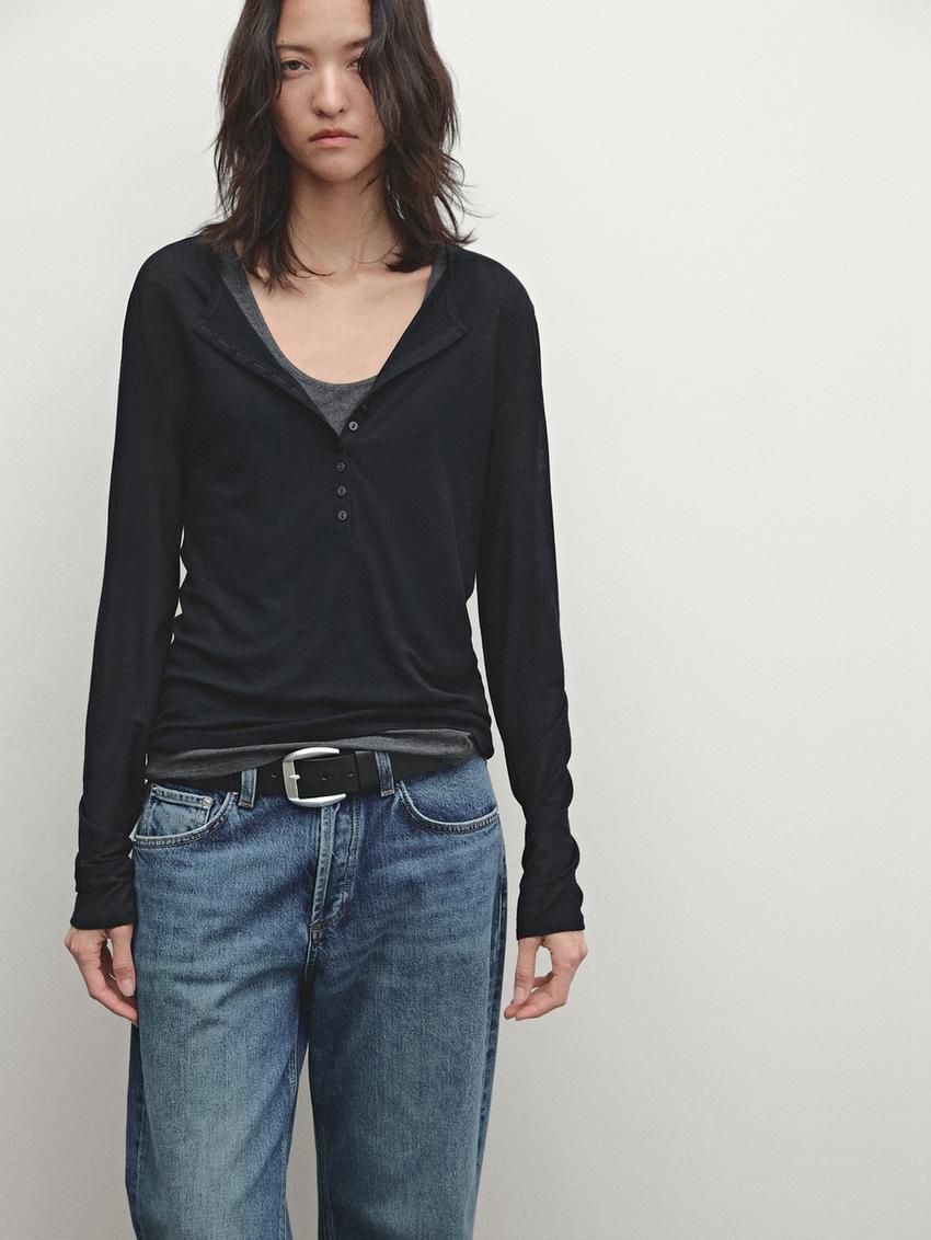 Massimo Dutti Double Buttoned Detail Women T-Shirt Black | US-BU6931750
