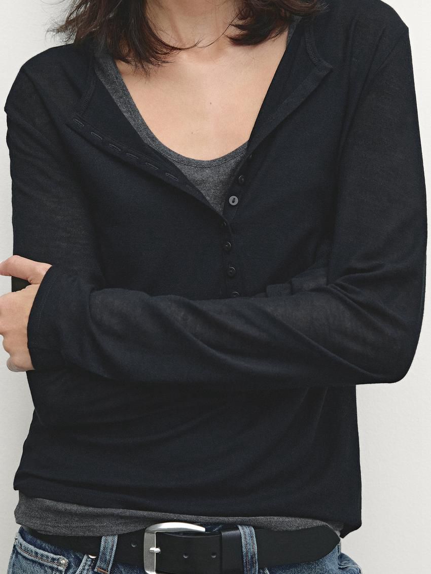 Massimo Dutti Double Buttoned Detail Women T-Shirt Black | US-BU6931750