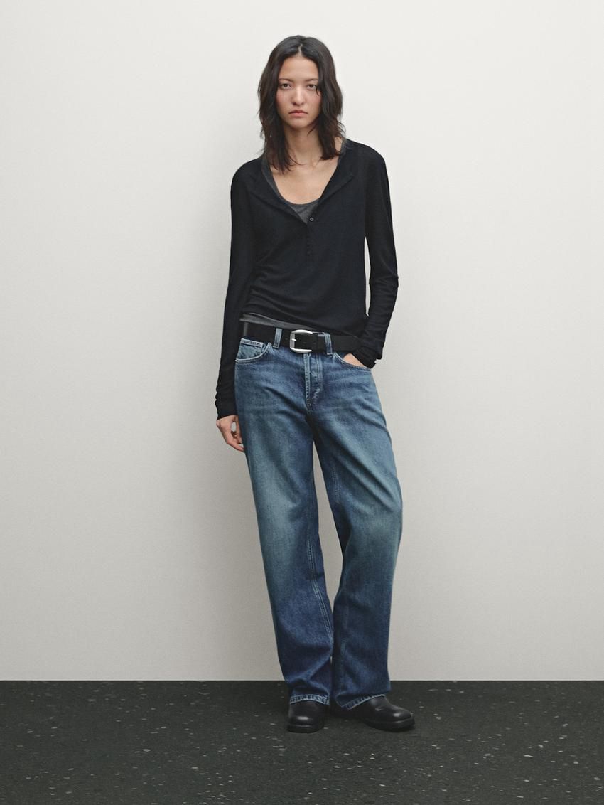 Massimo Dutti Double Buttoned Detail Women T-Shirt Black | US-BU6931750