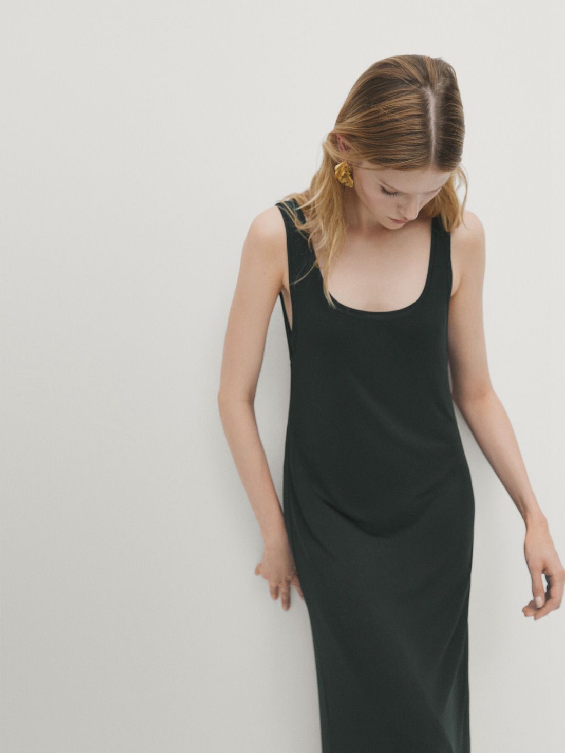 Massimo Dutti Double Fabric Midi With Straps Women Dress Dark Green | US-NH4591820