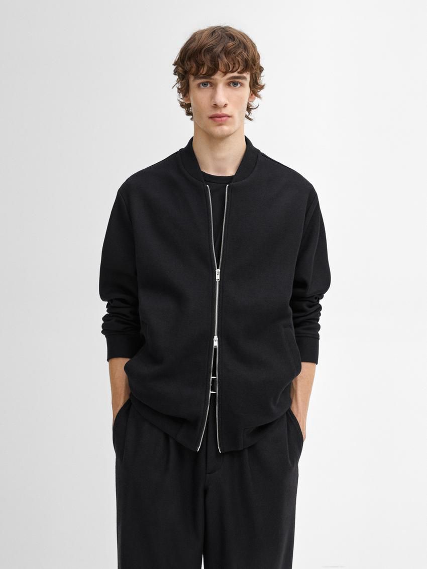 Massimo Dutti Double Wool Blend Men Bomber Jacket Black | US-SA0256137
