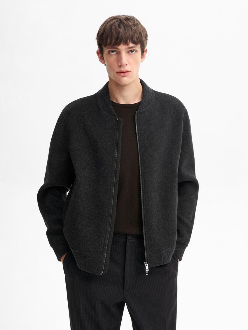 Massimo Dutti Double Wool Blend Men Bomber Jacket Dark Grey | US-HN0197834