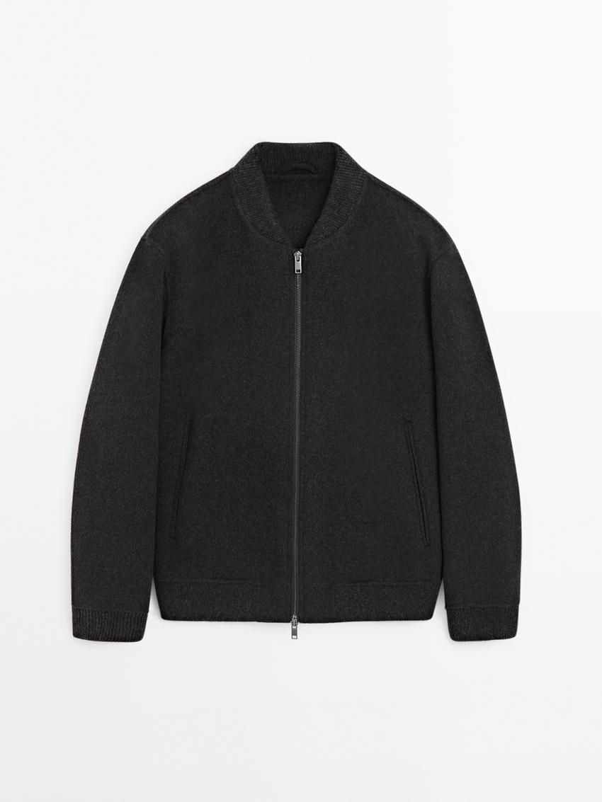 Massimo Dutti Double Wool Blend Men Bomber Jacket Dark Grey | US-HN0197834
