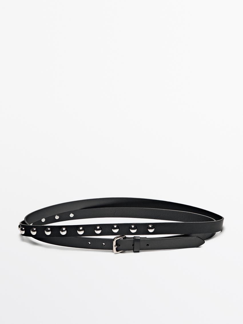 Massimo Dutti Double Wrap Studded Leather Women Belt Black | US-IM3087965