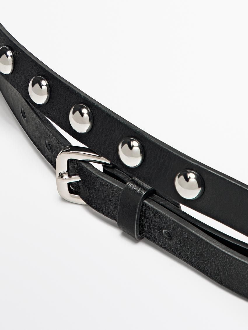 Massimo Dutti Double Wrap Studded Leather Women Belt Black | US-IM3087965