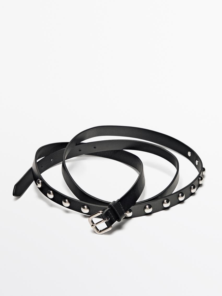 Massimo Dutti Double Wrap Studded Leather Women Belt Black | US-IM3087965