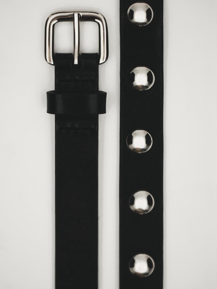 Massimo Dutti Double Wrap Studded Leather Women Belt Black | US-IM3087965