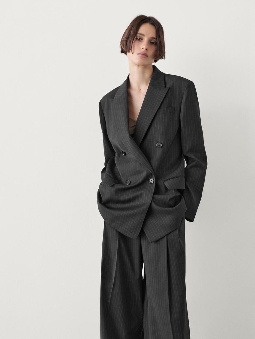 Massimo Dutti Double-breasted Pinstripe Women Blazer Dark Grey | US-KD6298453